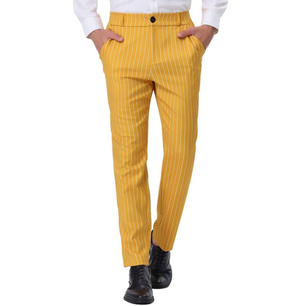 Yellow Striped Dress Pants Straight Fit Color Block Office Work Suit Trousers